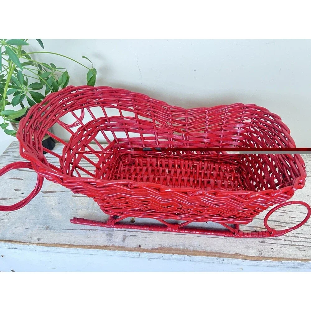 Vintage Rare Large Christmas Red Wicker Santa’s Sled Flower/Gifts Basket 18”